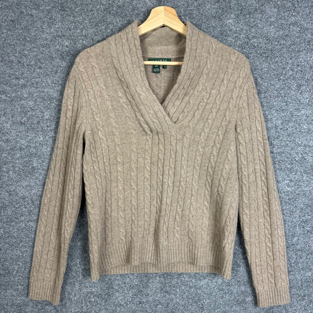 Lauren Ralph Lauren Sweater Womens M Tan Good Cable Knit Wool Angora Shawl Neck
